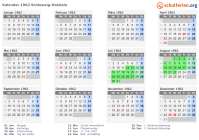 Kalender 1962 mit Ferien und Feiertagen Schleswig-Holstein