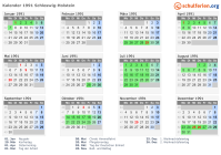 Kalender 1991 mit Ferien und Feiertagen Schleswig-Holstein
