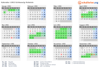 Kalender 1992 mit Ferien und Feiertagen Schleswig-Holstein
