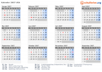 Kalender 2007 mit Ferien und Feiertagen USA