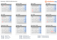 Kalender 2008 mit Ferien und Feiertagen Großbritannien