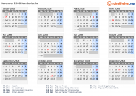 Kalender 2008 mit Ferien und Feiertagen Kambodscha