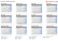 Kalender 2008 mit Ferien und Feiertagen Kolumbien