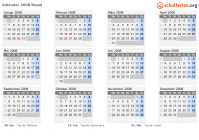 Kalender 2008 mit Ferien und Feiertagen Nepal