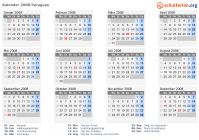 Kalender 2008 mit Ferien und Feiertagen Paraguay