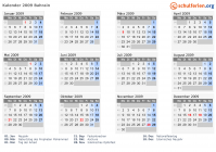 Kalender 2009 mit Ferien und Feiertagen Bahrain