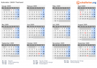 Kalender 2009 mit Ferien und Feiertagen Thailand