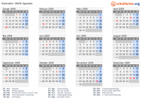 Kalender 2009 mit Ferien und Feiertagen Uganda