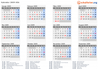 Kalender 2009 mit Ferien und Feiertagen USA