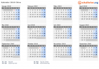 Kalender 2010 mit Ferien und Feiertagen China