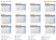 Kalender 2010 mit Ferien und Feiertagen USA