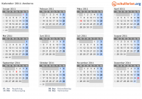 Kalender 2011 mit Ferien und Feiertagen Andorra