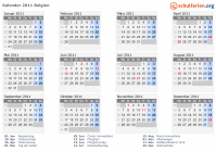 Kalender 2011 mit Ferien und Feiertagen Belgien