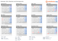 Kalender 2011 mit Ferien und Feiertagen Bosnien und Herzegowina