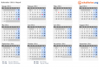 Kalender 2011 mit Ferien und Feiertagen Nepal