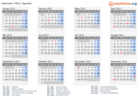 Kalender 2011 mit Ferien und Feiertagen Uganda