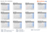 Kalender 2011 mit Ferien und Feiertagen Usbekistan