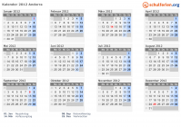 Kalender 2012 mit Ferien und Feiertagen Andorra