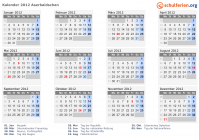 Kalender 2012 mit Ferien und Feiertagen Aserbaidschan