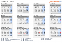 Kalender 2012 mit Ferien und Feiertagen Bahrain