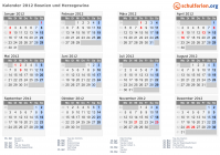 Kalender 2012 mit Ferien und Feiertagen Bosnien und Herzegowina