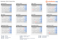 Kalender 2012 mit Ferien und Feiertagen Costa Rica