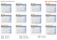 Kalender 2012 mit Ferien und Feiertagen Dänemark