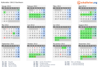 Kalender 2012 mit Ferien und Feiertagen Sachsen