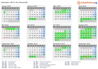 Kalender 2012 mit Ferien und Feiertagen Aix-Marseille