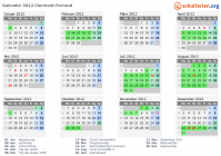 Kalender 2012 mit Ferien und Feiertagen Clermont-Ferrand
