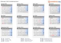 Kalender 2012 mit Ferien und Feiertagen Großbritannien