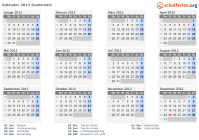 Kalender 2012 mit Ferien und Feiertagen Guatemala
