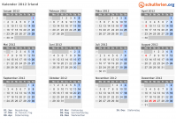 Kalender 2012 mit Ferien und Feiertagen Irland