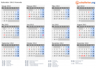 Kalender 2012 mit Ferien und Feiertagen Kanada