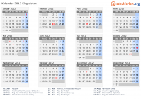 Kalender 2012 mit Ferien und Feiertagen Kirgisistan