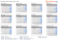 Kalender 2012 mit Ferien und Feiertagen Kongo, Dem. Rep.