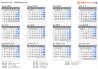 Kalender 2012 mit Ferien und Feiertagen Liechtenstein