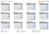 Kalender 2012 mit Ferien und Feiertagen Nicaragua