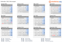 Kalender 2012 mit Ferien und Feiertagen Norwegen