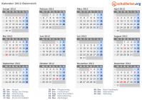 Kalender 2012 mit Ferien und Feiertagen Österreich