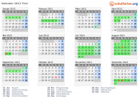 Kalender 2012 mit Ferien und Feiertagen Tirol