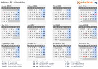 Kalender 2012 mit Ferien und Feiertagen Rumänien