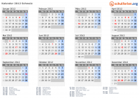 Kalender 2012 mit Ferien und Feiertagen Schweiz