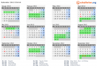 Kalender 2012 mit Ferien und Feiertagen Zürich