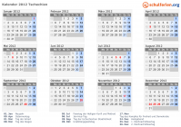 Kalender 2012 mit Ferien und Feiertagen Tschechien