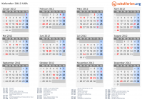 Kalender 2012 mit Ferien und Feiertagen USA
