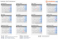 Kalender 2012 mit Ferien und Feiertagen Usbekistan