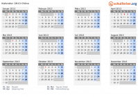 Kalender 2013 mit Ferien und Feiertagen China
