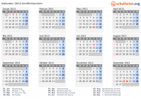 Kalender 2013 mit Ferien und Feiertagen Großbritannien