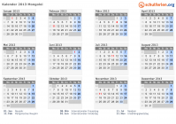 Kalender 2013 mit Ferien und Feiertagen Mongolei